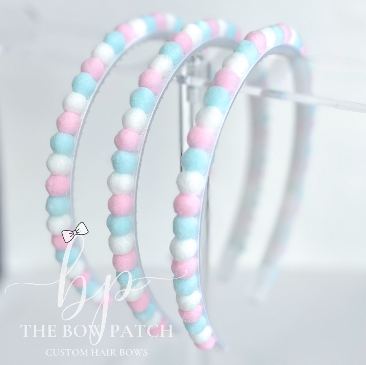 Light Pink, Light Blue, & White Pom Pom Headband