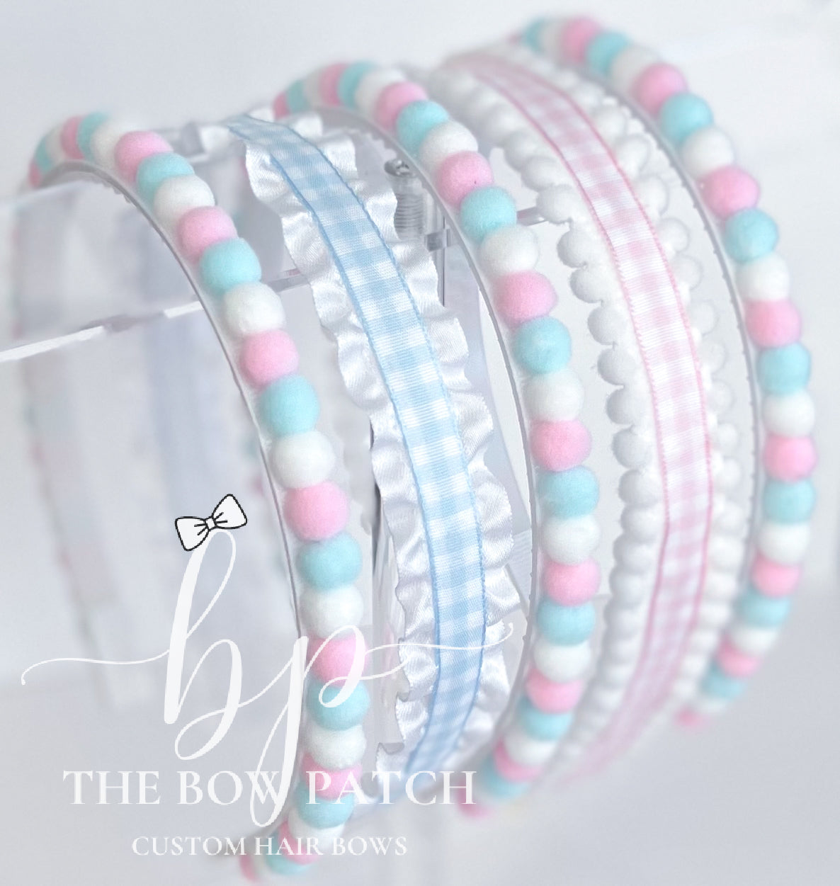Light Pink, Light Blue, & White Pom Pom Headband