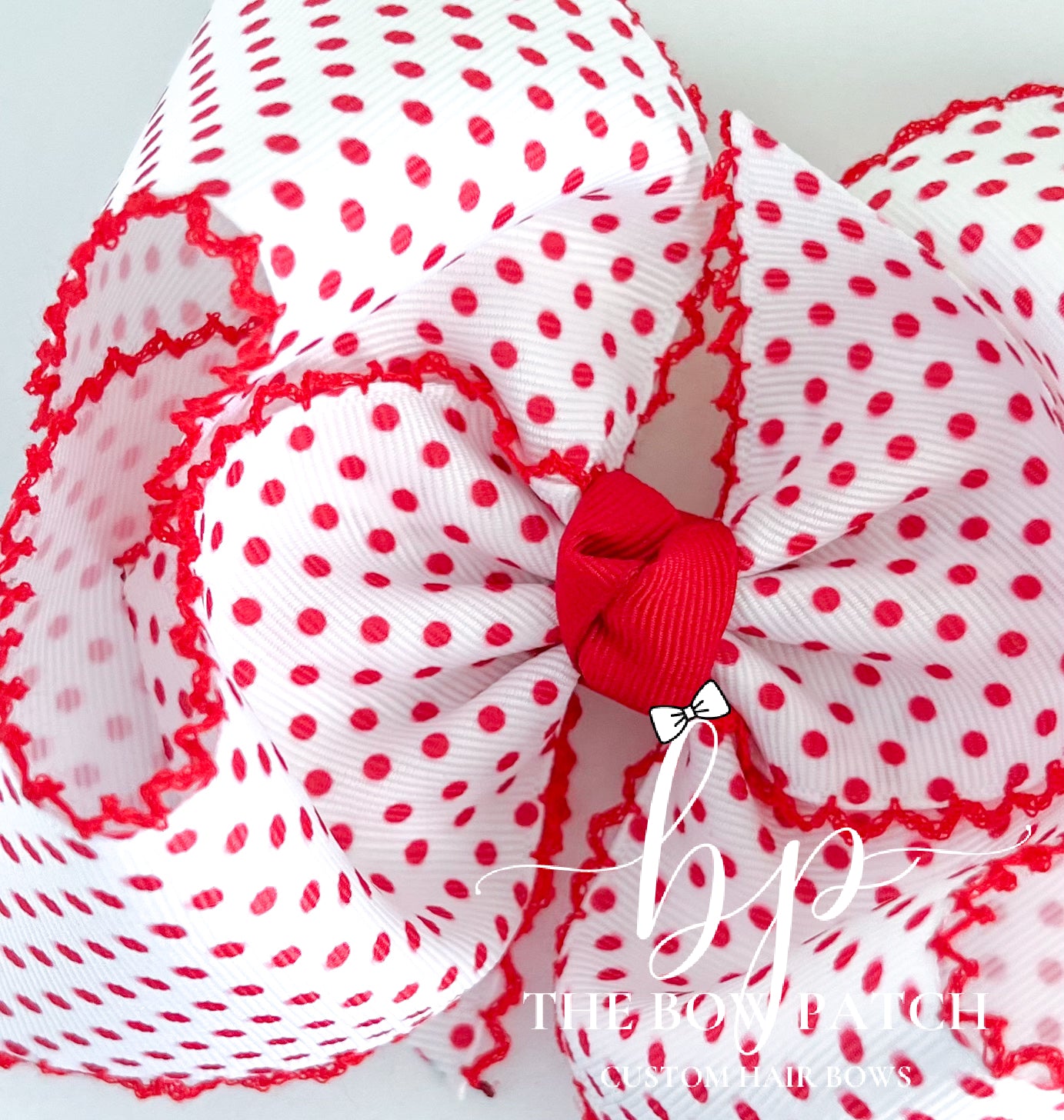 White w/ Red Swiss Dot Moonstitch Bow