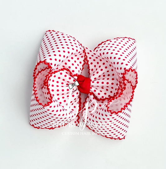 White w/ Red Swiss Dot Moonstitch Bow