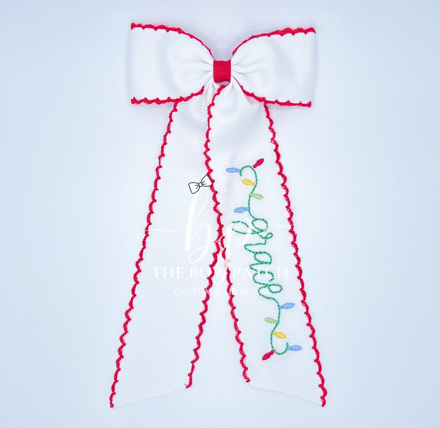 Christmas Lights Embroidered Name Bow