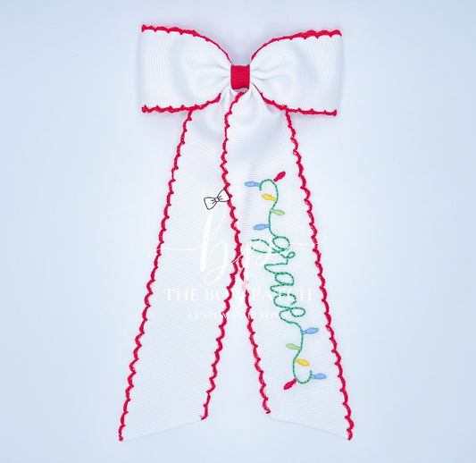 Christmas Lights Embroidered Name Bow