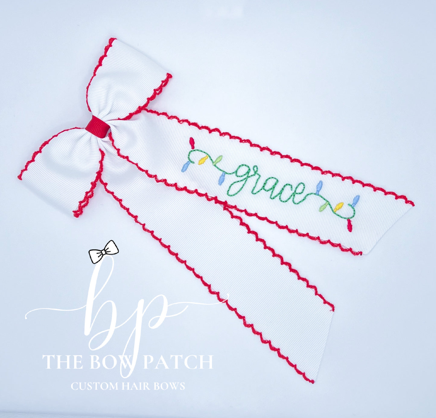 Christmas Lights Embroidered Name Bow