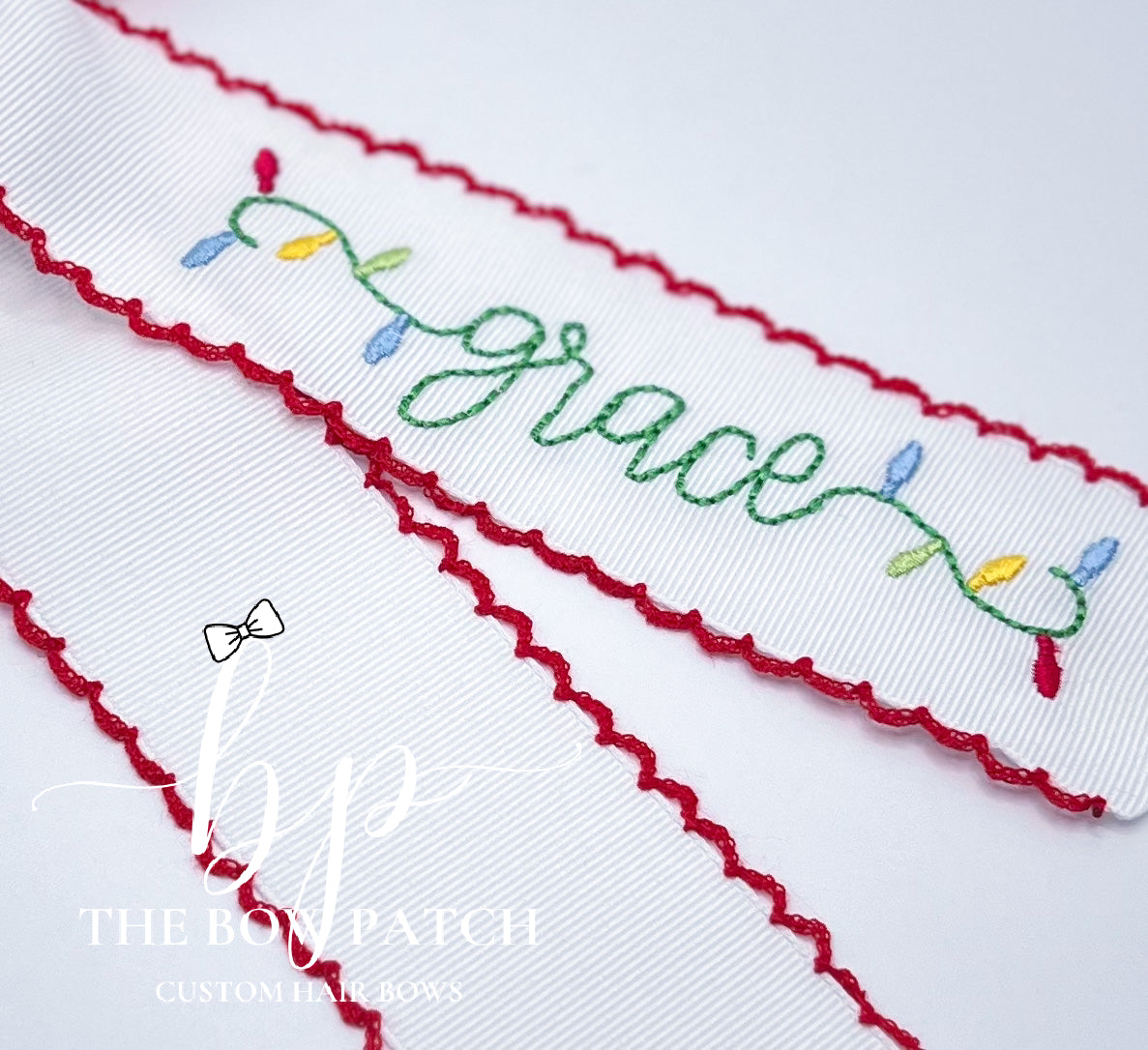 Christmas Lights Embroidered Name Bow