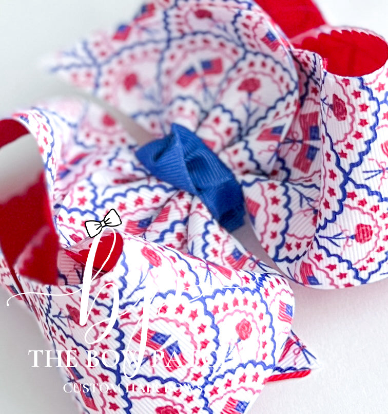Americana Lace and Red Scallop Boutique Bow