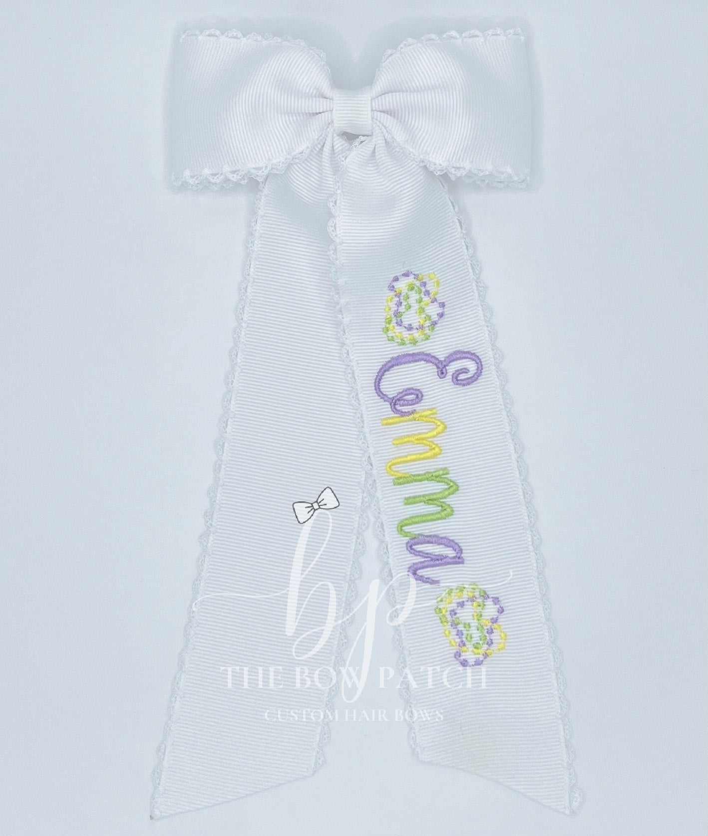 Embroidered Mardi Gras Moonstitch Schoolgirl Bow