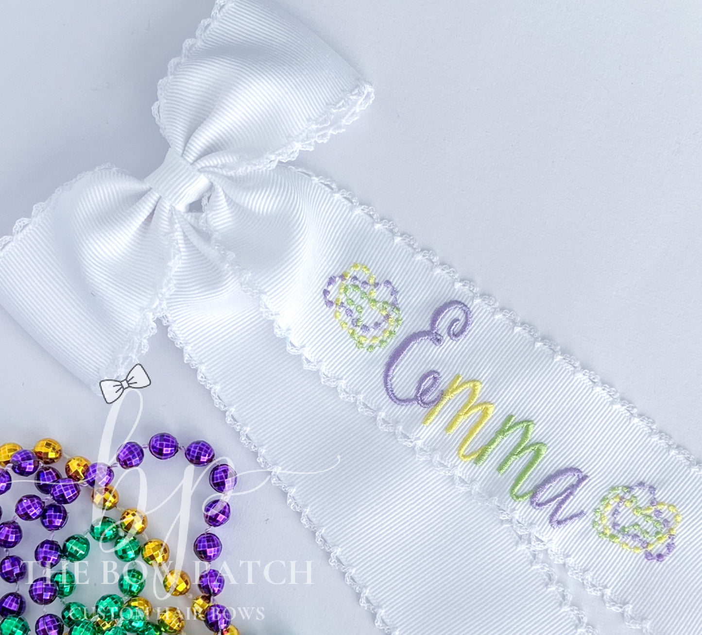 Embroidered Mardi Gras Moonstitch Schoolgirl Bow